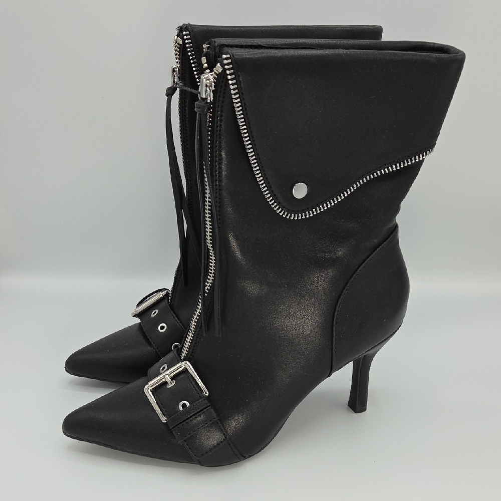 Black Stiletto Ankle Boots with Buckle and Zipper